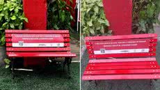 Banco Vermelho instalado na quadra da escola de samba Unidos da Zona Noroeste, em Santos (SP), no domingo (12), como parte de uma ação de conscientização sobre a violência contra a mulher - Imagem: Carlhos Abelha/TV Tribuna e Arquivo pessoal