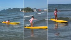 Chloe, de apenas dois anos, chama atenção ao surfar nas praias de Santos e acumula milhões de visualizações nas redes sociais - Imagem: Arquivo Pessoal