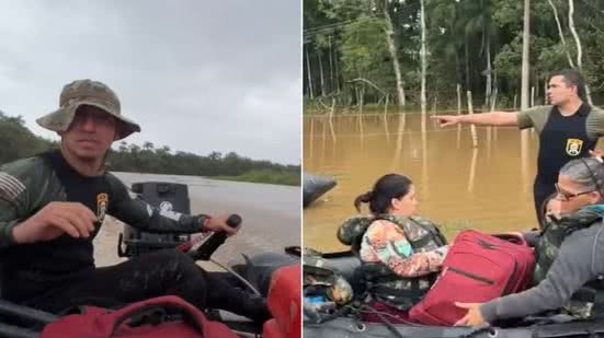Equipes da Defesa Civil e da Polícia Militar utilizaram duas embarcações para resgatar seis crianças e quatro adultos que estavam ilhados na zona rural de Iguape, na quinta-feira (17). A operação durou mais de quatro horas - Imagem: Defesa Civil / Reprodução