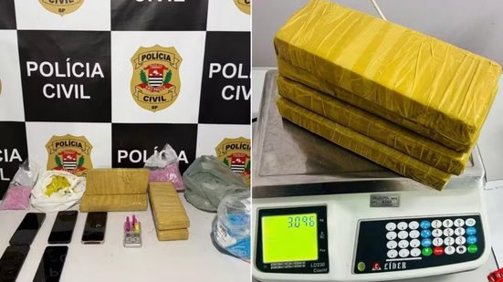 Polícia Civil apreendeu aproximadamente 3,1 kg de maconha, porções de cocaína, cerca de 850 microtubos, uma balança de precisão e celulares durante operação em um imóvel no bairro Boraceia, em Bertioga - Imagem: Divulgação/Polícia Civil