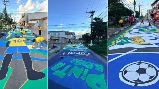Moradores, comerciantes e voluntários participaram da pintura de aproximadamente 400 metros da Rua Jequié, no Jardim Rio Negro, em São Vicente, em preparação para os jogos da Seleção Brasileira na Copa do Mundo de 2026 - Imagem: Taciele Gomes/Arquivo pessoal