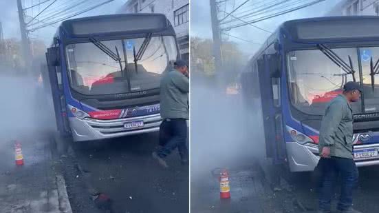Passageiros deixaram ônibus da linha 956 após a emissão de fumaça provocada por uma falha elétrica em São Vicente; princípio de incêndio foi controlado pelo motorista sem registro de feridos - Imagem: g1