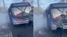 Passageiros deixaram ônibus da linha 956 após a emissão de fumaça provocada por uma falha elétrica em São Vicente; princípio de incêndio foi controlado pelo motorista sem registro de feridos - Imagem: g1