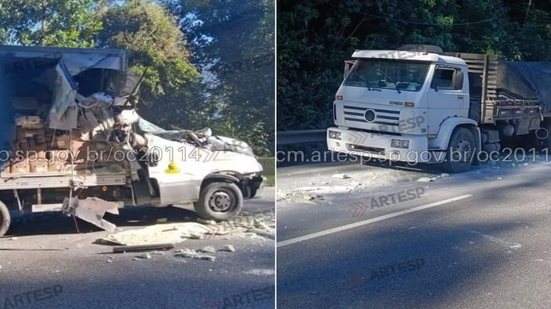 Acidente entre van e caminhão deixou um passageiro morto na Rodovia Cônego Domênico Rangoni, em Guarujá (SP) - Imagem: Artesp