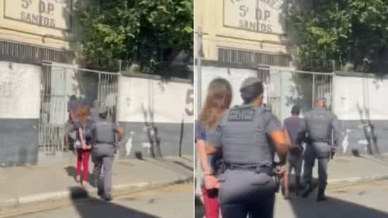 Casal suspeito de praticar roubos contra ônibus municipais foi preso pela Polícia Militar em Santos; vítimas reconheceram a dupla durante o registro da ocorrência na delegacia - Imagem: Reprodução / TV Tribuna / Polícia Militar