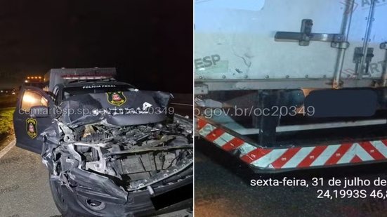 Viatura da Polícia Penal ficou com a parte dianteira danificada após colidir na traseira de um caminhão durante desvio de uma ocorrência de atropelamento na Rodovia Padre Manoel da Nóbrega, em Itanhaém - Imagem: Artesp / Divulgação
