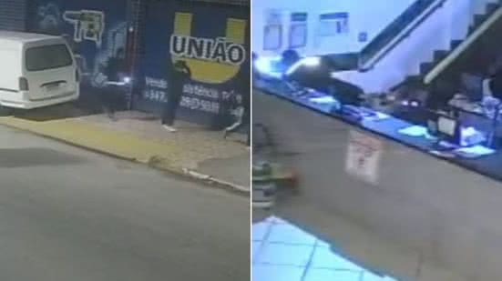 Câmeras de segurança registraram parte da ação em uma assistência técnica no bairro Boqueirão, em Praia Grande. Segundo o boletim de ocorrência, cerca de 40 equipamentos foram furtados por um grupo de sete pessoas - Imagem: Reprodução