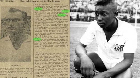 Pelé marcou o primeiro gol com a camisa do Santos em 7 de setembro de 1956, aos 15 anos, durante a vitória por 7 a 1 sobre o Corinthians de Santo André. A estreia do Rei pelo clube completa 70 anos nesta segunda-feira (7) - Imagem: Jornal A Tribuna / Santos Futebol Clube