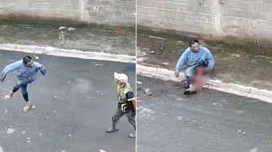 Imagens de monitoramento registraram a discussão que terminou com um homem de 41 anos baleado duas vezes no Centro de Miracatu. Um suspeito de 46 anos foi preso em flagrante por tentativa de homicídio - Imagem: Reprodução