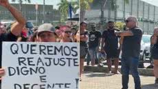Servidores municipais realizam manifestação durante greve por reajuste salarial em Praia Grande - Imagem: Reprodução / Tv Tribuna