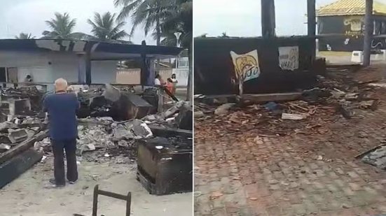 Quiosque Marujo ficou destruído após incêndio de grandes proporções durante a madrugada em Mongaguá; área foi isolada por risco estrutural - Imagem: g1