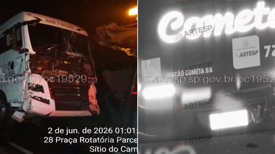 Parte frontal do caminhão ficou destruída após a sequência de colisões envolvendo uma carreta e um ônibus na Rodovia Anchieta, em Cubatão - Imagem: Artesp / Divulgação