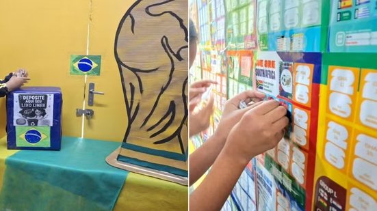 Alunos de escola municipal de São Vicente participam de projeto que combina a coleção de figurinhas da Copa do Mundo com ações de conscientização ambiental e reciclagem de resíduos especiais - Imagem: Prefeitura de São Vicente
