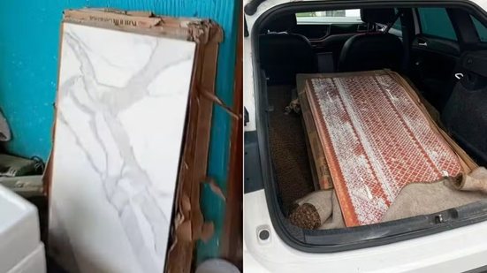 Parte dos pisos e revestimentos de alto valor foi recuperada pela Polícia Civil durante a operação que resultou na prisão de um casal suspeito de integrar um esquema de furto e revenda de materiais de construção em Ilha Comprida - Imagem: Divulgação/Polícia Civil