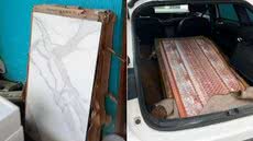 Parte dos pisos e revestimentos de alto valor foi recuperada pela Polícia Civil durante a operação que resultou na prisão de um casal suspeito de integrar um esquema de furto e revenda de materiais de construção em Ilha Comprida - Imagem: Divulgação/Polícia Civil