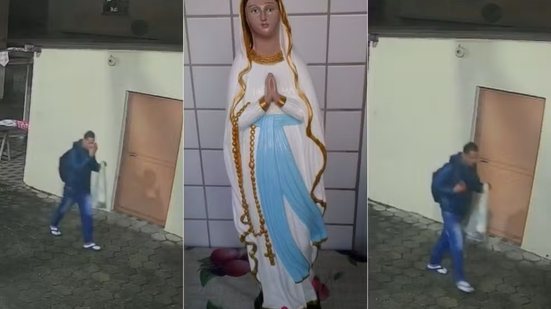 Câmeras de segurança registraram o momento em que um homem furtou a imagem de Nossa Senhora de Lourdes de uma capela em Praia Grande; a Polícia Civil apura o caso e busca localizar a peça religiosa - Imagem: Reprodução e Arquivo Pessoal
