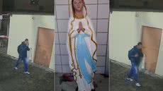 Câmeras de segurança registraram o momento em que um homem furtou a imagem de Nossa Senhora de Lourdes de uma capela em Praia Grande; a Polícia Civil apura o caso e busca localizar a peça religiosa - Imagem: Reprodução e Arquivo Pessoal