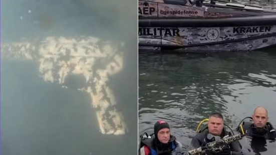Equipes especializadas da Polícia Militar localizaram fuzil e munições após mais de seis horas de buscas no Canal de Santos - Imagem: Divulgação/PM Ambiental