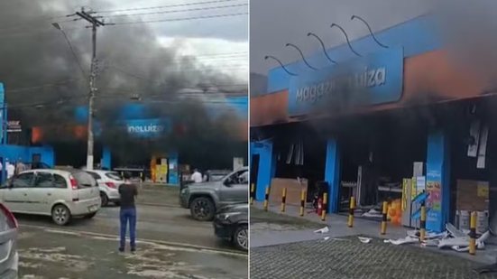 Fumaça sai de loja do Magazine Luiza na Avenida Anchieta, em Bertioga, durante incêndio registrado nesta sexta-feira (16) - Imagem: Reprodução