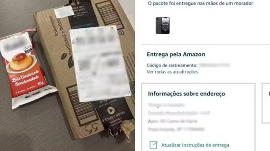 Embalagem recebida por consumidora em Praia Grande continha leite condensado, apesar da compra de um celular; entrega foi registrada em 4 de maio de 2026 - Imagem: Arquivo Pessoal e Reprodução