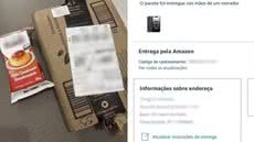 Embalagem recebida por consumidora em Praia Grande continha leite condensado, apesar da compra de um celular; entrega foi registrada em 4 de maio de 2026 - Imagem: Arquivo Pessoal e Reprodução