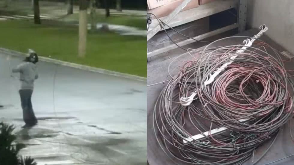 O homem, que já era investigado por furtos semelhantes, foi flagrado puxando fios da rede elétrica em plena madrugada - Imagem: Reprodução/ g1