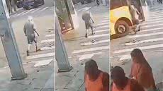Idoso de 77 anos morreu após ser atropelado por um ônibus municipal no cruzamento das avenidas Brasil e Costa e Silva, no bairro Boqueirão, em Praia Grande. A Polícia Civil investiga o caso. - Imagem: Reprodução
