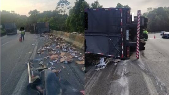 Carga de molho de tomate se desloca em curva e faz motorista perder o controle de carreta - Imagem: Reprodução