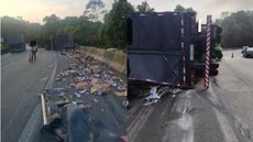 Carga de molho de tomate se desloca em curva e faz motorista perder o controle de carreta - Imagem: Reprodução