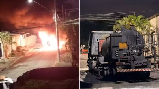 Caminhão-tanque carregado de piche foi atingido por um incêndio na Avenida Wilson de Oliveira, no Jardim Melvi, em Praia Grande - Imagem: Itaicy Júlio/Praia Grande Mil Grau
