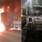 Carreta carregada com café ficou destruída após incêndio registrado na madrugada desta quarta-feira (29), no km 60 da Rodovia Anchieta, em Cubatão. Apesar dos danos, o motorista não sofreu ferimentos - Imagem: Reprodução/CCI Artesp