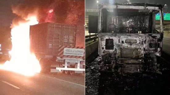 Carreta carregada com café ficou destruída após incêndio registrado na madrugada desta quarta-feira (29), no km 60 da Rodovia Anchieta, em Cubatão. Apesar dos danos, o motorista não sofreu ferimentos - Imagem: Reprodução/CCI Artesp