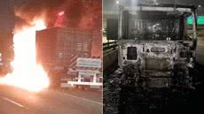 Carreta carregada com café ficou destruída após incêndio registrado na madrugada desta quarta-feira (29), no km 60 da Rodovia Anchieta, em Cubatão. Apesar dos danos, o motorista não sofreu ferimentos - Imagem: Reprodução/CCI Artesp