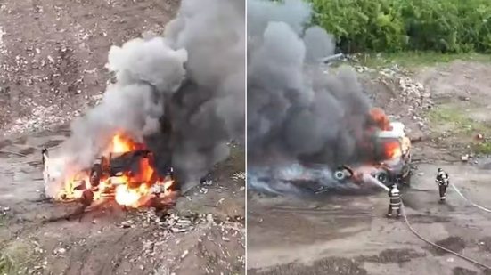 Caminhão pega fogo em pátio no Guarujá e gera grande coluna de fumaça; incêndio foi controlado sem vítimas - Imagem: Dronefox_ e Fsdrone013