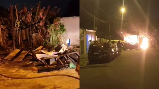 Um incêndio de grandes proporções destrói casa cheia de materiais recicláveis em Praia Grande, mas felizmente ninguém ficou ferido - Foto: Reprodução/ Redes Sociais e Leonardo Rodrigues