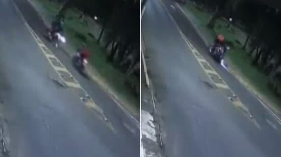 Imagens de monitoramento registraram o momento da colisão entre duas motocicletas em um cruzamento da região central de Registro; três pessoas ficaram feridas, incluindo uma mulher que sofreu traumatismo craniano - Imagem: Reprodução