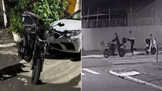 Motocicleta furtada foi recuperada pela Polícia Militar após três adolescentes serem abordados enquanto empurravam o veículo pelas ruas de Praia Grande - Imagem: PM e Reprodução