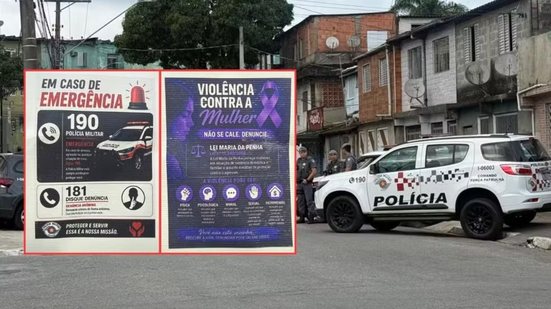 Policiais militares percorreram ruas da Zona Noroeste de Santos para orientar moradores sobre prevenção à violência doméstica e divulgar canais de apoio às vítimas - Imagem: Yasmin Braga/TV Tribuna