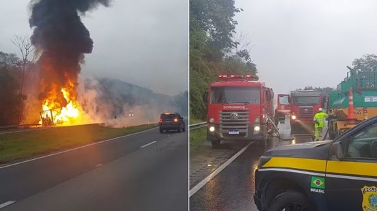 Carreta carregada com aproximadamente 25 mil litros de óleo lubrificante ficou destruída após incêndio que interditou a Rodovia Régis Bittencourt, em Miracatu, na manhã desta sexta-feira (24) - Imagem: PRF