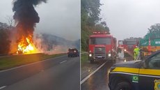 Carreta carregada com aproximadamente 25 mil litros de óleo lubrificante ficou destruída após incêndio que interditou a Rodovia Régis Bittencourt, em Miracatu, na manhã desta sexta-feira (24) - Imagem: PRF