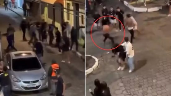 Vídeo registrou uma briga generalizada na região central de Iguape, às vésperas da Festa do Senhor Bom Jesus; após o episódio, o esquema de segurança do evento foi reforçado - Imagem: Redes sociais