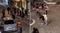 Vídeo registrou uma briga generalizada na região central de Iguape, às vésperas da Festa do Senhor Bom Jesus; após o episódio, o esquema de segurança do evento foi reforçado - Imagem: Redes sociais