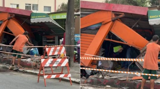 Carro invadiu a calçada e destruiu uma banca de jornal na Avenida Presidente Castelo Branco, em Praia Grande; acidente não deixou feridos - Imagem: Itaicy Julio/Praia Grande Mil Grau