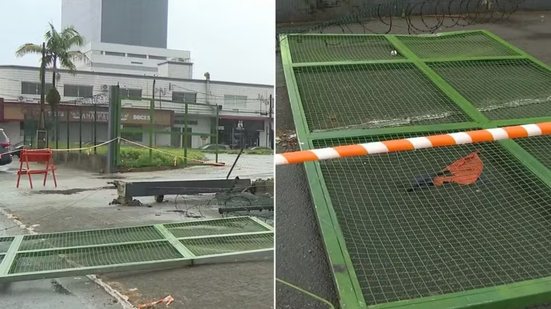 Carreta atingiu uma pilastra durante uma manobra e provocou o desabamento do portão de um supermercado no bairro Guilhermina, em Praia Grande. Um homem de 54 anos que estava na calçada foi atingido e morreu após ser socorrido - Imagem: Reprodução/TV Tribuna