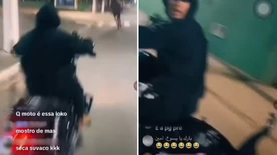 Imagens divulgadas nas redes sociais mostram suspeitos circulando com uma motocicleta furtada no bairro Ocian, em Praia Grande. O veículo foi recuperado pela Guarda Civil Municipal e devolvido ao proprietário - Imagem: Reprodução