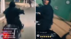Imagens divulgadas nas redes sociais mostram suspeitos circulando com uma motocicleta furtada no bairro Ocian, em Praia Grande. O veículo foi recuperado pela Guarda Civil Municipal e devolvido ao proprietário - Imagem: Reprodução