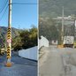 Poste de energia permanece entre os dois sentidos da Rua Faixa do Oleoduto, no bairro Pinhal do Miranda, em Cubatão, após mudança no traçado viário. A CPFL Piratininga afirma que o remanejamento está previsto, mas ainda não há data para o serviço - Imagem: Reprodução