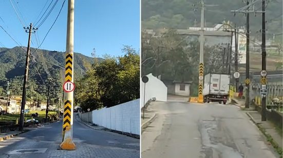 Poste de energia permanece entre os dois sentidos da Rua Faixa do Oleoduto, no bairro Pinhal do Miranda, em Cubatão, após mudança no traçado viário. A CPFL Piratininga afirma que o remanejamento está previsto, mas ainda não há data para o serviço - Imagem: Reprodução