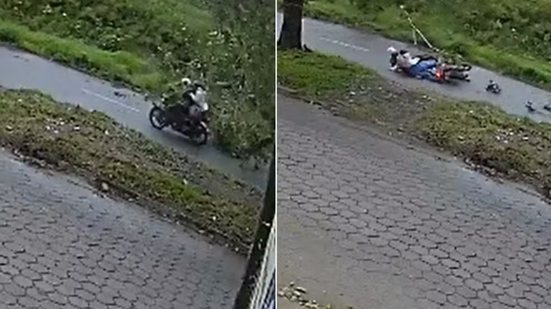 Árvore atingiu uma motocicleta na Avenida Angelina Pretti, em São Vicente, na manhã desta terça-feira (1º), durante ventos que chegaram a 73 km/h. Uma jovem de 21 anos ficou ferida e foi encaminhada ao pronto-socorro - Imagem: Reprodução