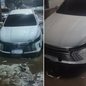 Carro de motorista de aplicativo ficou preso em um buraco encoberto pela água da chuva na Avenida Integração, em Praia Grande, na madrugada desta terça-feira (22). O veículo foi retirado com auxílio de um guincho - Imagem: Alexandre de Jesus Rodrigues